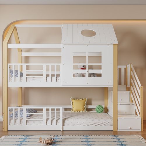Lit Superposé 90x200 Cm, Escalier De Rangement, Toit Ajouré Et Fenêtres, Blanc Et Naturel