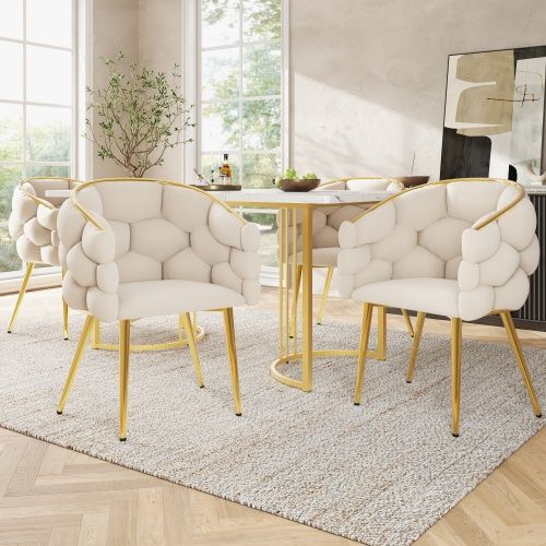 Ensemble Table Et Chaises, Table à Manger 140 Cm Avec Pieds Métal Doré Et 4 Chaises En Velours Beige