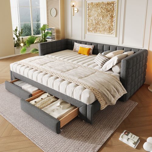 Lit Gigogne 90/180x200 Cm, Avec 2 Tiroirs Et Dossier Carré, En Velours, Gris