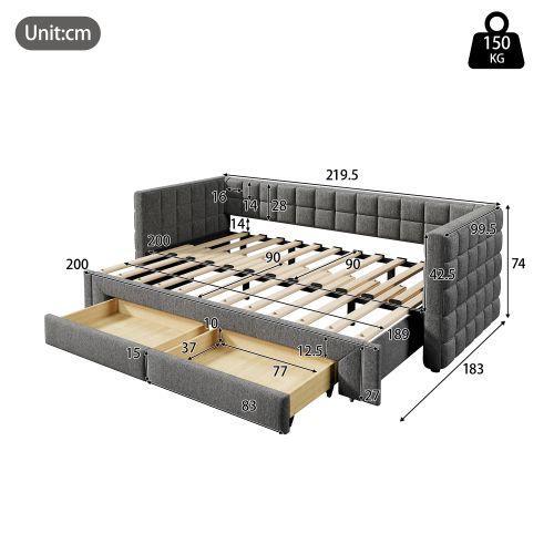 Lit Gigogne 90/180x200 Cm, Avec 2 Tiroirs Et Dossier Carré, En Velours, Gris