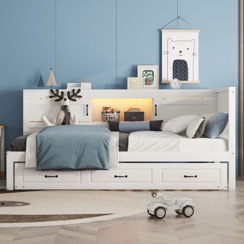 Lit Enfant 90x200 Cm Avec Lit Gigogne 90x190 Cm Et Éclairage LED, Blanc