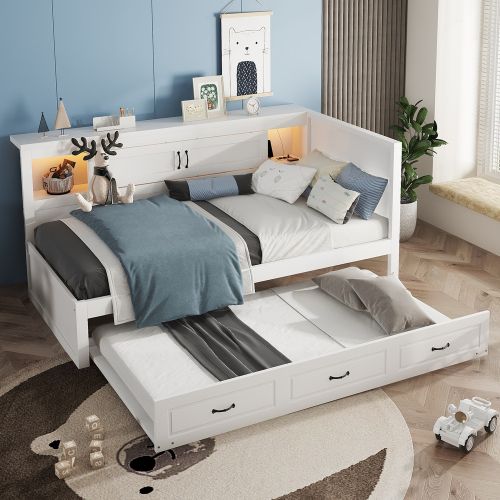 Lit Enfant 90x200 Cm Avec Lit Gigogne 90x190 Cm Et Éclairage LED, Blanc