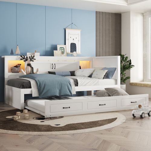 Lit Enfant 90x200 Cm Avec Lit Gigogne 90x190 Cm Et Éclairage LED, Blanc