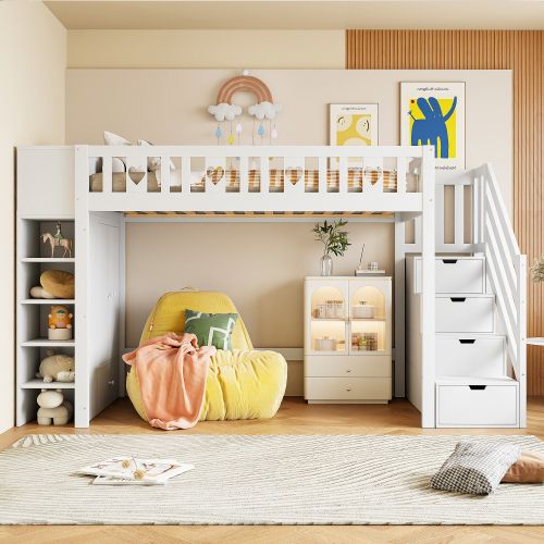 Lit Mezzanine 90x200 Cm Avec Pendrie, Tiroir, Échelle Et Étagères, En Bois, Blanc