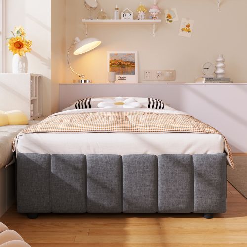 Lit Coffre Enfant 90x200 Cm, Lit Coffre Hydraulique, Sans Tête De Lit, En Lin, Gris