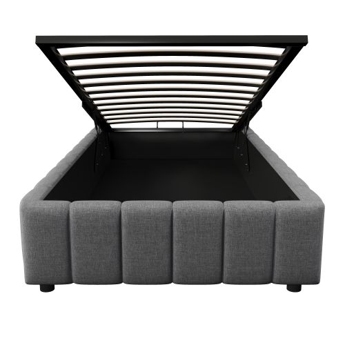 Lit Coffre Enfant 90x200 Cm, Lit Coffre Hydraulique, Sans Tête De Lit, En Lin, Gris