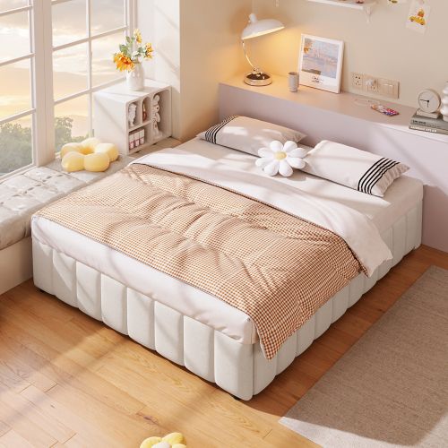 Lit Coffre Adulte 140x200 Cm, Sans Tête De Lit, En Lin, Beige