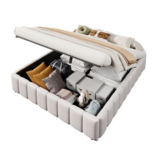 Lit Coffre Adulte 140x200 Cm, Sans Tête De Lit, En Lin, Beige