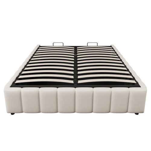 Lit Coffre Adulte 140x200 Cm, Sans Tête De Lit, En Lin, Beige