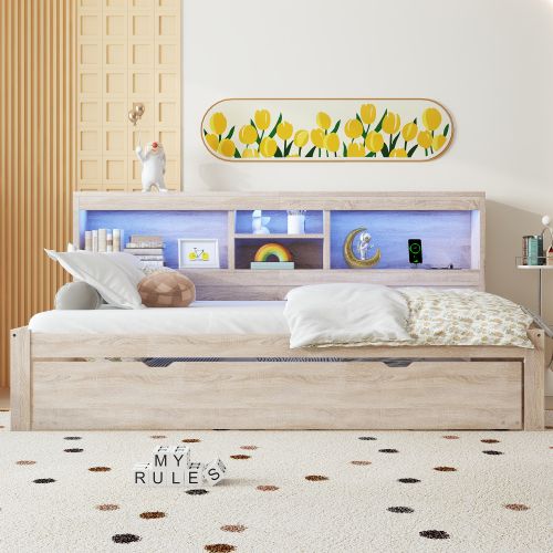 Lit Enfant 90x200 Cm Avec Lit Gigogne 90x190 Cm Et LED Avec Prises, Naturel