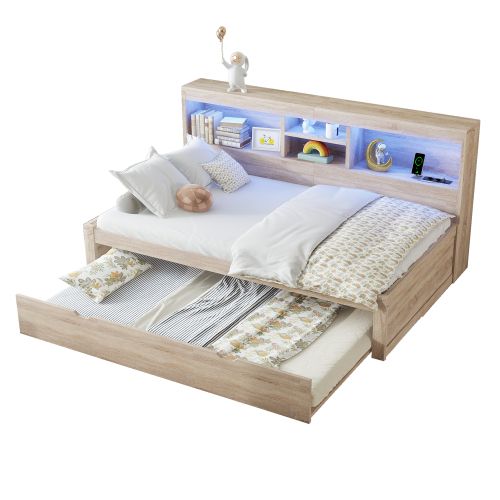 Lit Enfant 90x200 Cm Avec Lit Gigogne 90x190 Cm Et LED Avec Prises, Naturel