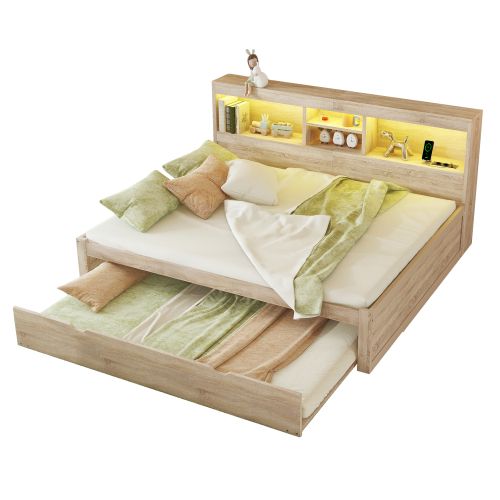 Lit Adulte 140x200 Cm Avec Lit Gigogne 90x190 Cm, Avec Éclairage LED, Naturel