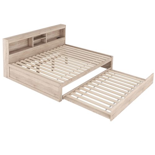 Lit Adulte 140x200 Cm Avec Lit Gigogne 90x190 Cm, Avec Éclairage LED, Naturel