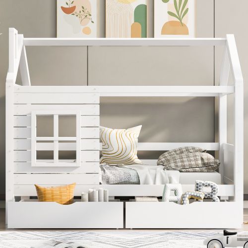 Lit Cabane Enfant 90x200 Cm, Avec Sommier à Lattes Et 2 Tiroirs, En Bois, Blanc