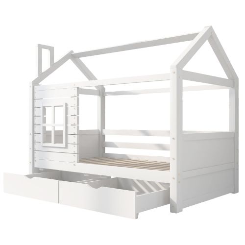 Lit Cabane Enfant 90x200 Cm, Avec Sommier à Lattes Et 2 Tiroirs, En Bois, Blanc