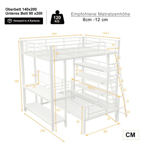 Lit Superposé 140x200 Et 90x200 Cm Avec Bureau, Étagère, Séparable, En Métal, Blanc