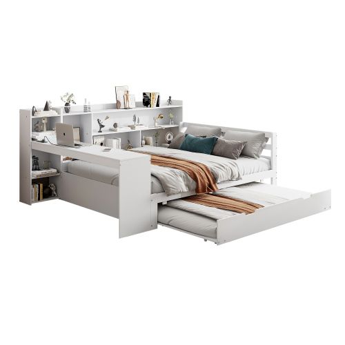 Lit Adulte 140x200 Cm Avec Lit Gigogne 90x190 Cm, Avec Bureau Et Rangements, En Bois, Blanc