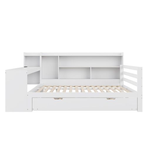 Lit Adulte 140x200 Cm Avec Lit Gigogne 90x190 Cm, Avec Bureau Et Rangements, En Bois, Blanc