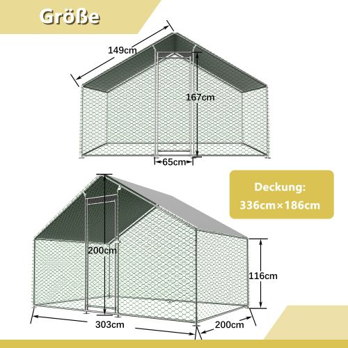 Enclos Poulailler Extérieur 3x2x2 M En Acier Galvanisé Avec Bâche Pe Étanche Et Serrure