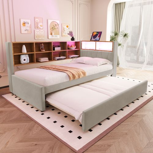 Lit Enfant 90x200 Cm Avec Lit Gigogne 90x190 Cm Et LED, En Tissu, Gris Clair