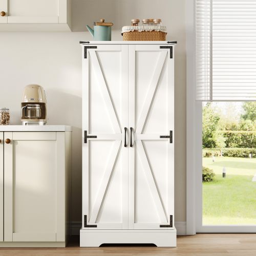 Buffet De Cuisine Blanc 60x35x128,5 Cm Avec LED, Style Campagne Avec Accents Métal En X