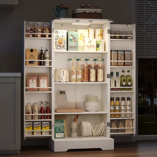 Buffet De Cuisine Blanc 60x35x128,5 Cm Avec LED, Style Campagne Avec Accents Métal En X