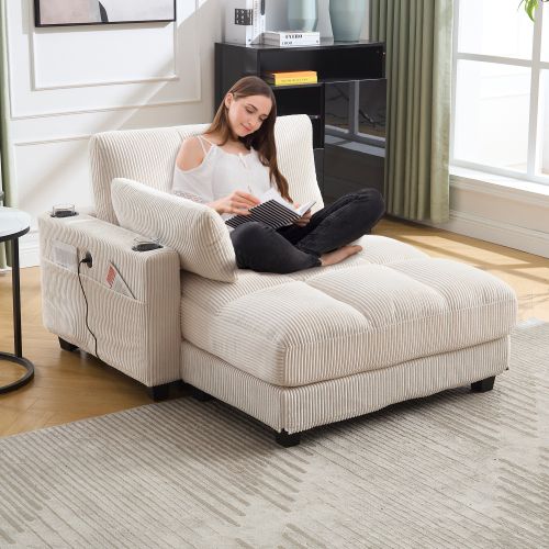 Fauteuil Lounge En Velours Côtelé Beige Avec Port USB Et Porte-gobelets