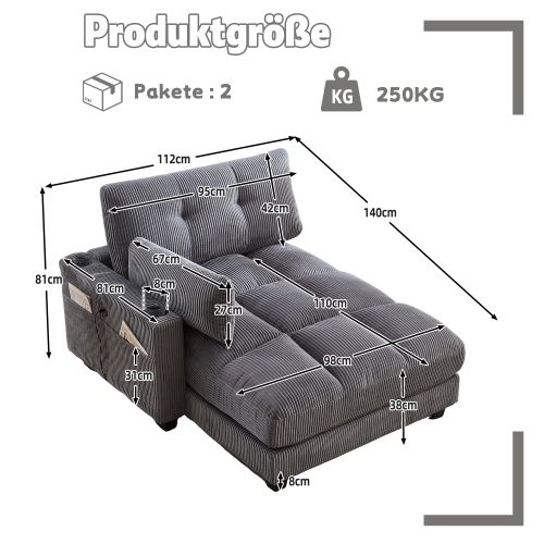 Fauteuil Lounge Relax 1 Place En Velours Côtelé Gris Avec Porte-gobelets Et Prise USB
