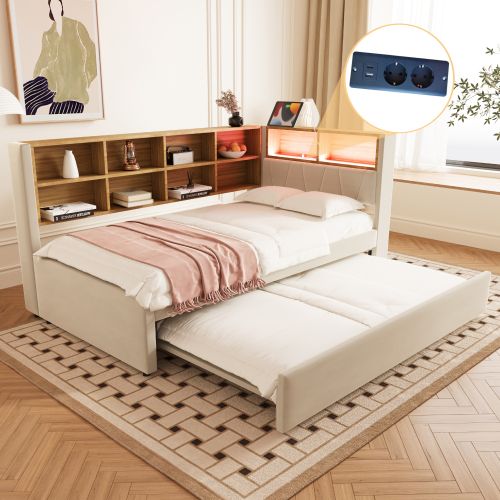 Lit Enfant 90x200 Cm Avec Lit Gigogne 90x190 Cm Avec LED Et Ports USB Et Type-c, Beige