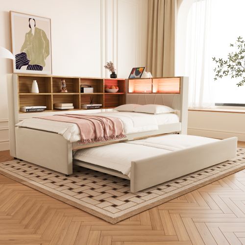 Lit Enfant 90x200 Cm Avec Lit Gigogne 90x190 Cm Avec LED Et Ports USB Et Type-c, Beige