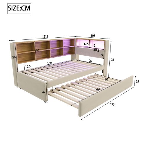 Lit Enfant 90x200 Cm Avec Lit Gigogne 90x190 Cm Avec LED Et Ports USB Et Type-c, Beige