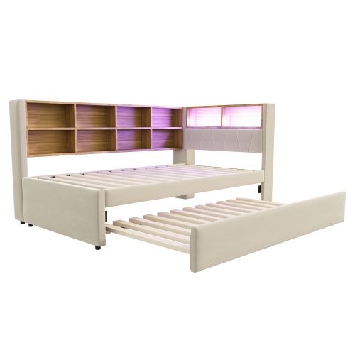 Lit Enfant 90x200 Cm Avec Lit Gigogne 90x190 Cm Avec LED Et Ports USB Et Type-c, Beige