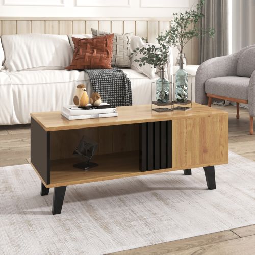 Table Basse Rectangulaire Bois Et Noir 100x60x45 Cm Avec Rangements
