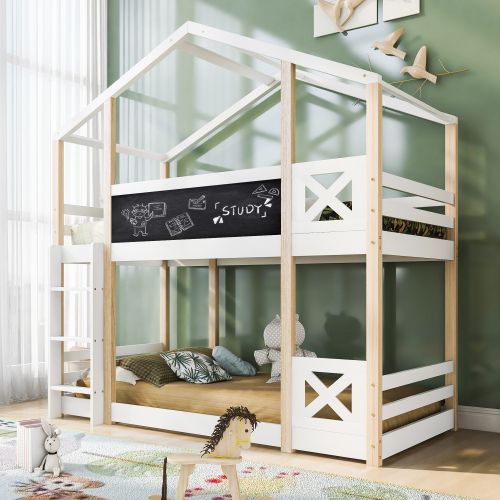 Lit Superposé 90x200 Cm, Lit Cabane Enfant Avec Tableau Et Échelle, Avec Lattes, En Bois, Blanc