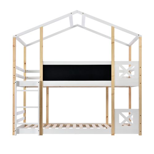 Lit Superposé 90x200 Cm, Lit Cabane Enfant Avec Tableau Et Échelle, Avec Lattes, En Bois, Blanc