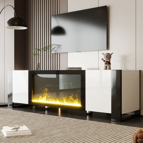 Meuble TV 165 Cm, Brillante, Avec 2 Portes, Étagères Intérieures, Blanc Et Noir