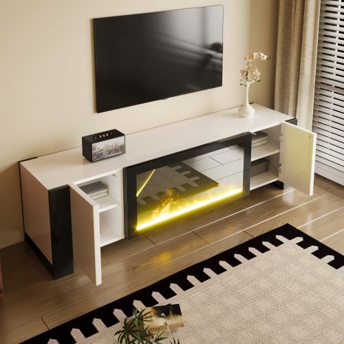 Meuble TV 165 Cm, Brillante, Avec 2 Portes, Étagères Intérieures, Blanc Et Noir