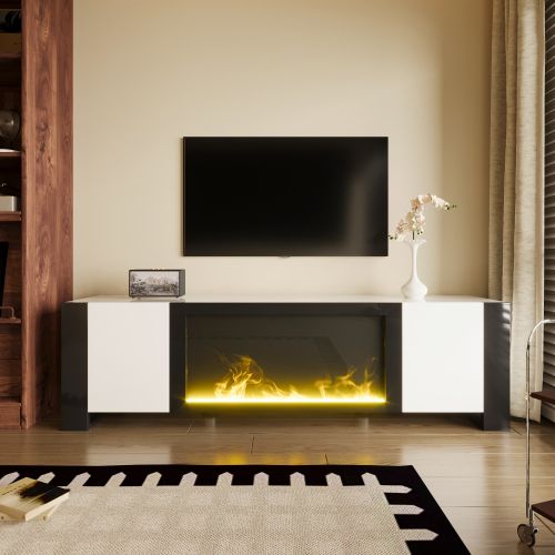 Meuble TV 165 Cm, Brillante, Avec 2 Portes, Étagères Intérieures, Blanc Et Noir
