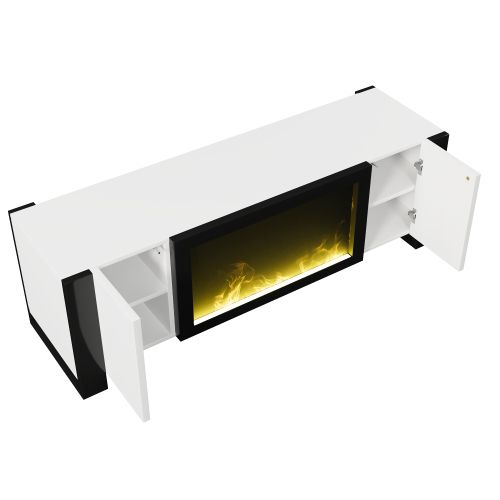 Meuble TV 165 Cm, Brillante, Avec 2 Portes, Étagères Intérieures, Blanc Et Noir