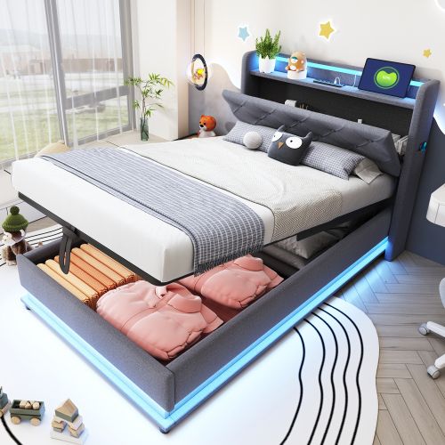 Lit Coffre Enfant 90x200 Cm, Tête De Lit De Rangement, Avec LED Et Lattes, En Lin, Gris