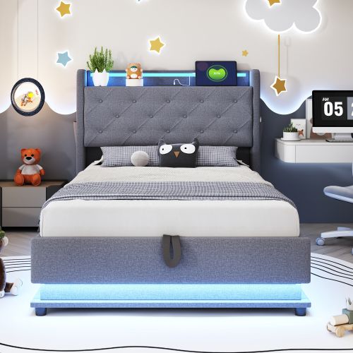 Lit Coffre Enfant 90x200 Cm, Tête De Lit De Rangement, Avec LED Et Lattes, En Lin, Gris