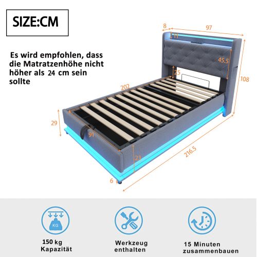 Lit Coffre Enfant 90x200 Cm, Tête De Lit De Rangement, Avec LED Et Lattes, En Lin, Gris