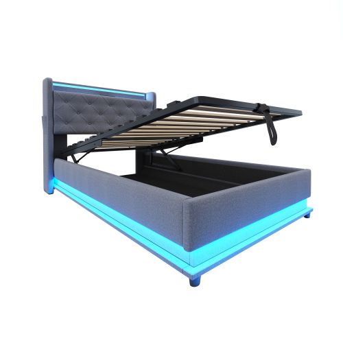 Lit Coffre Enfant 90x200 Cm, Tête De Lit De Rangement, Avec LED Et Lattes, En Lin, Gris