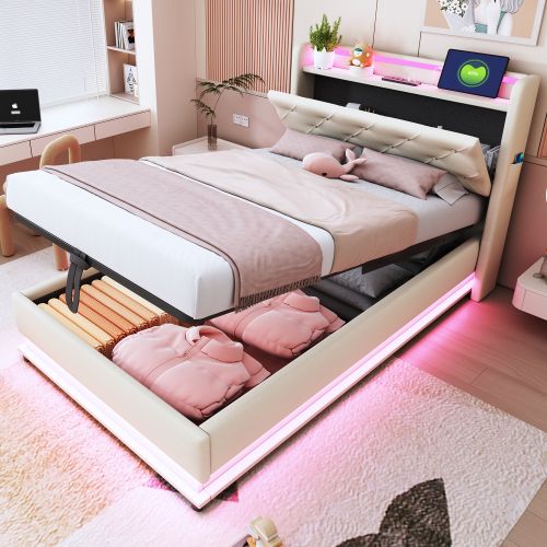 Lit Coffre Enfant 90x200 Cm,tête De Lit De Rangement, Avec LED Et Lattes, En Lin, Beige