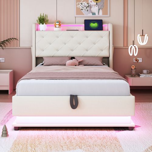 Lit Coffre Enfant 90x200 Cm,tête De Lit De Rangement, Avec LED Et Lattes, En Lin, Beige