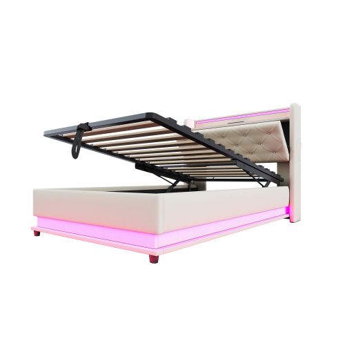 Lit Coffre Enfant 90x200 Cm,tête De Lit De Rangement, Avec LED Et Lattes, En Lin, Beige