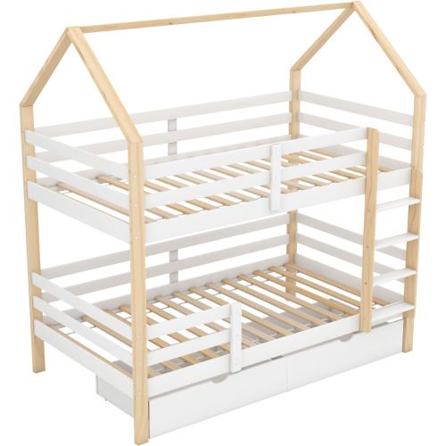 Lit Superposé Enfant 90x200 Cm, Avec Grands Tiroirs Et Sommier à Lattes, En Bois, Blanc Et Chêne