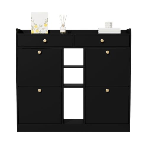 Meuble à Chaussures Avec 4 Portes Abattantes, 2 Tiroirs, 3 Niches Ouvertes, Noir
