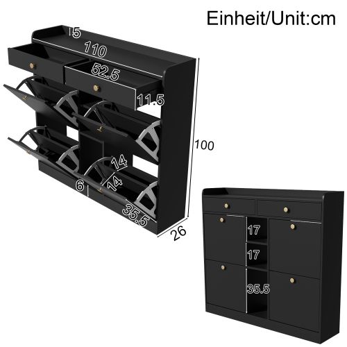 Meuble à Chaussures Avec 4 Portes Abattantes, 2 Tiroirs, 3 Niches Ouvertes, Noir