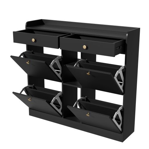 Meuble à Chaussures Avec 4 Portes Abattantes, 2 Tiroirs, 3 Niches Ouvertes, Noir